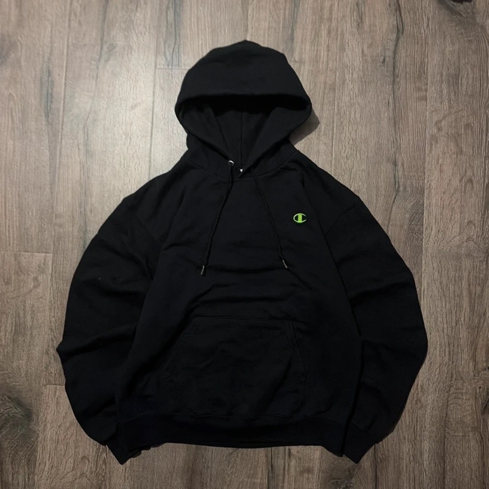 Champion Black Hoodie with Small Neon Green Logo - Men's Pullover